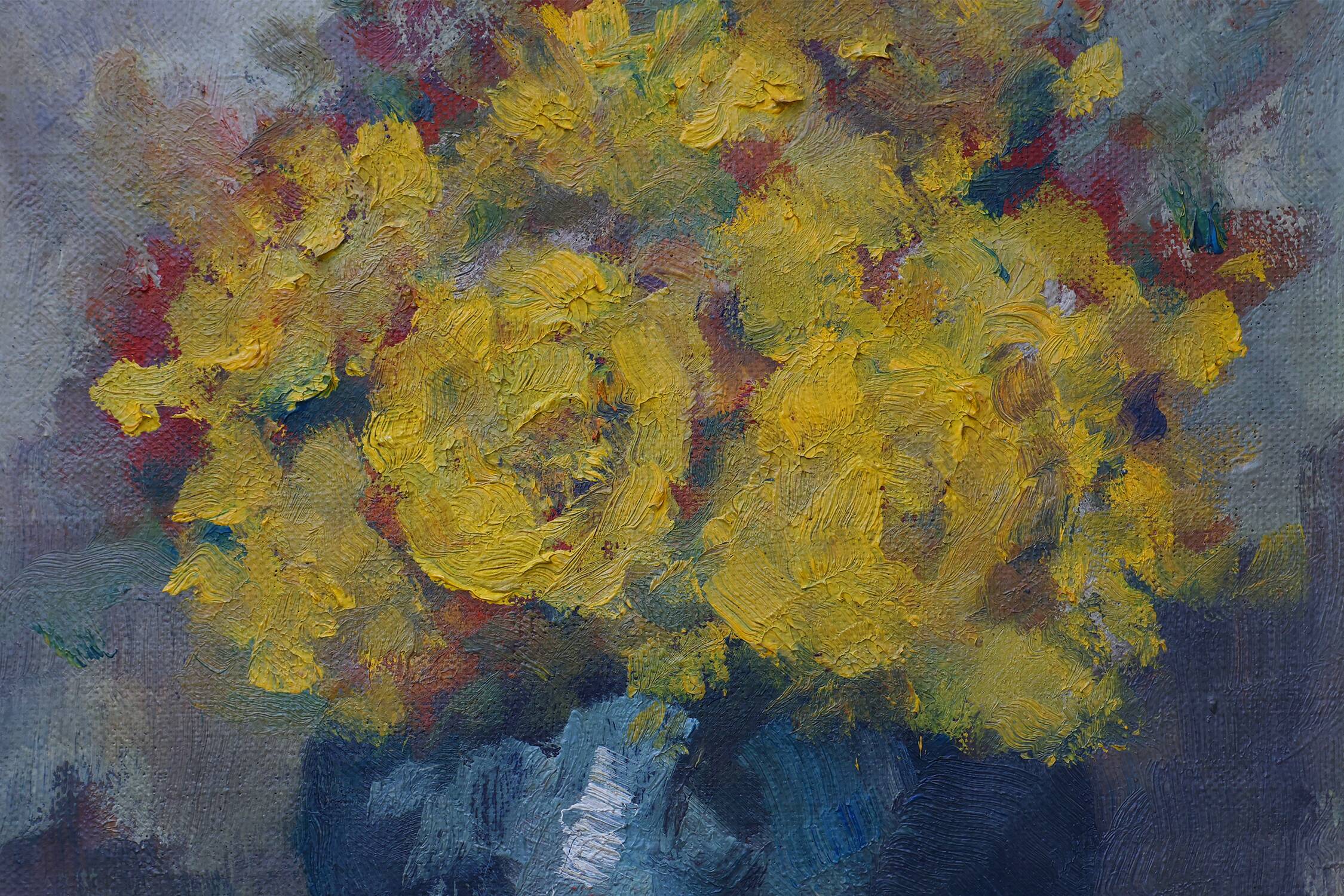 Still life with yellow flowers in a vase, ca. 1930-1950