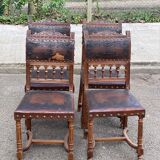 4 Henri II chairs in solid wood and leather from the 19th century.