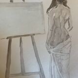Tableau signé aquarelle portrait féminin « drapée dans l’atelier »