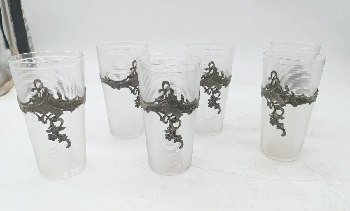 Tray with carafe and 6 glasses, glass and silver-plated metal, Art Nouveau period