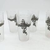 Tray with carafe and 6 glasses, glass and silver-plated metal, Art Nouveau period
