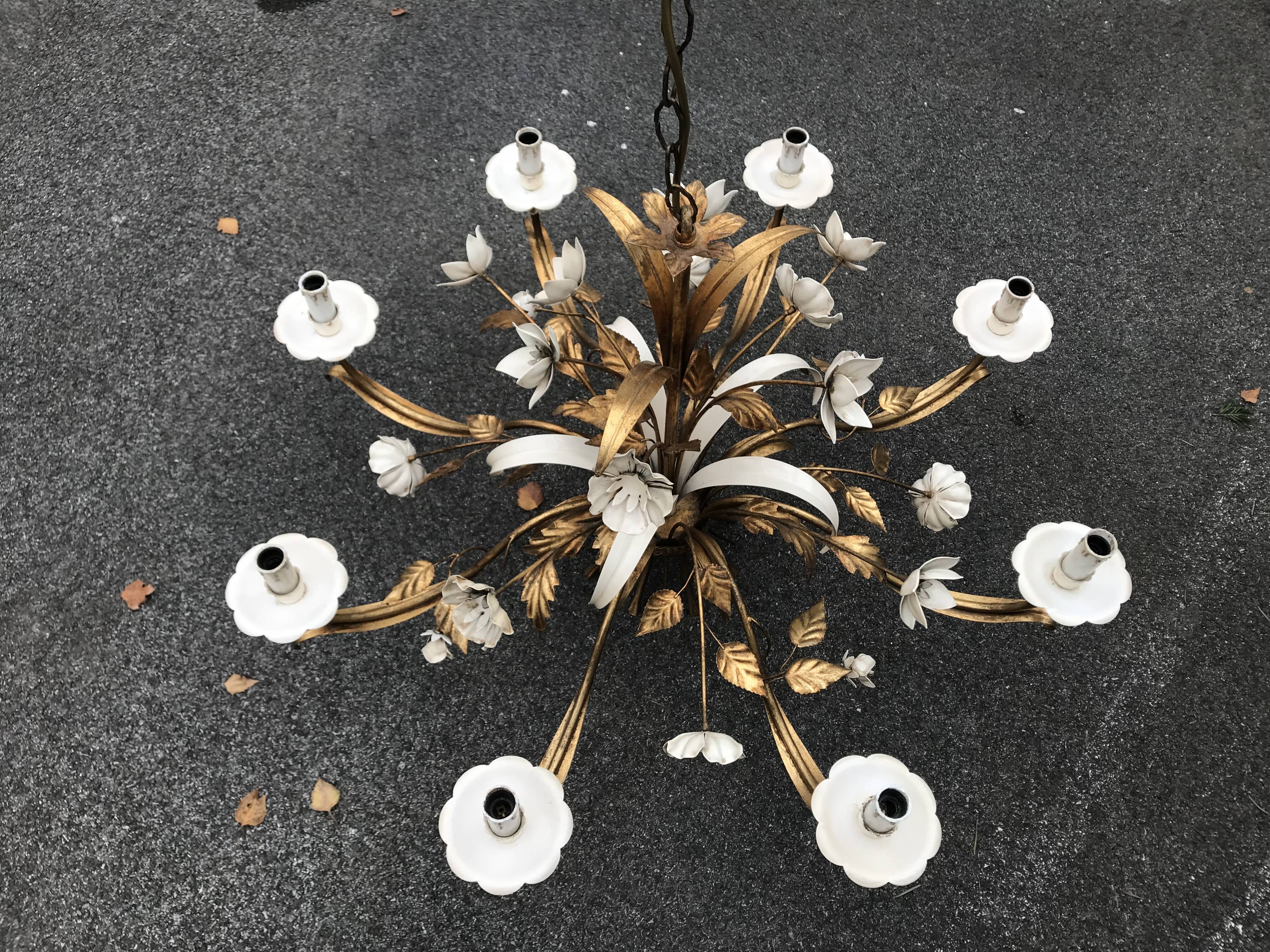 8 lights golden leaves and white flowers chandelier