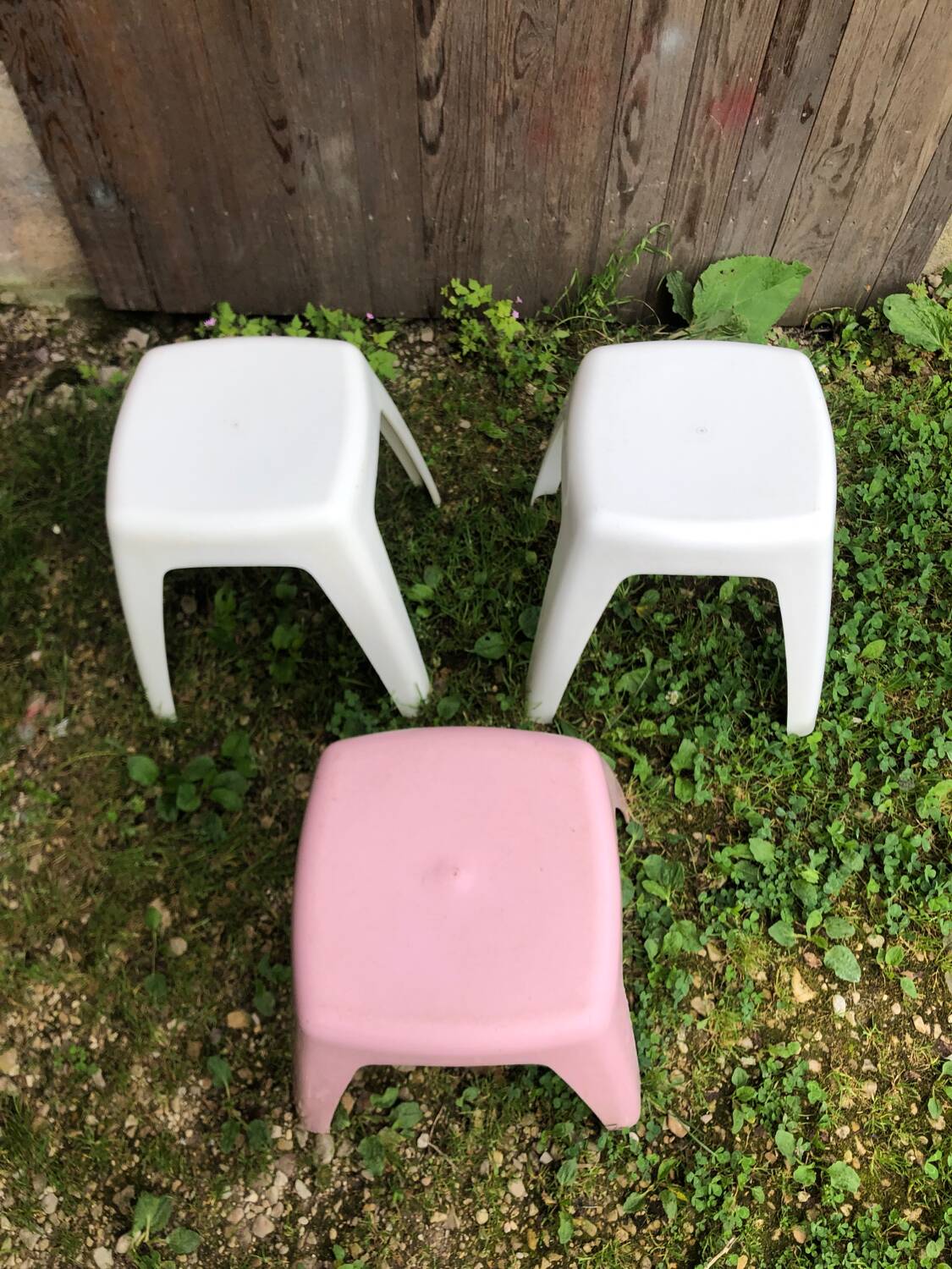 Series of 3 old vintage white & pink plastic stools