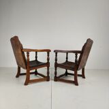 Pair of English antique Jacobean monk armchairs / tables by F. Parker & Sons Ltd