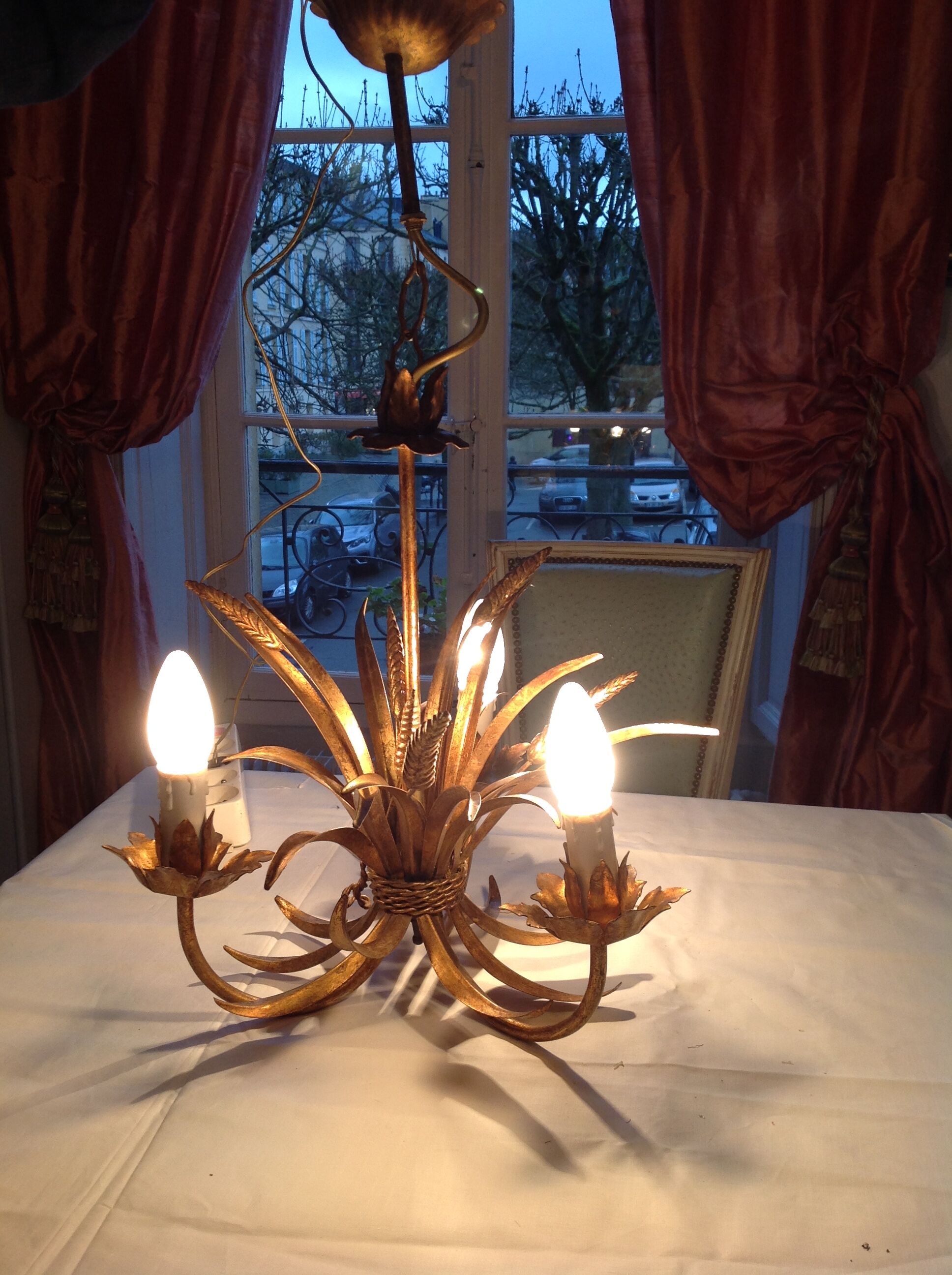 Wheat ear chandelier, 3 fires, gold metal