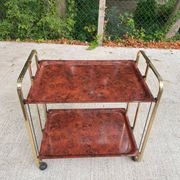 Vintage 70s folding bar table, brass with wood burl effect, Dinet style.