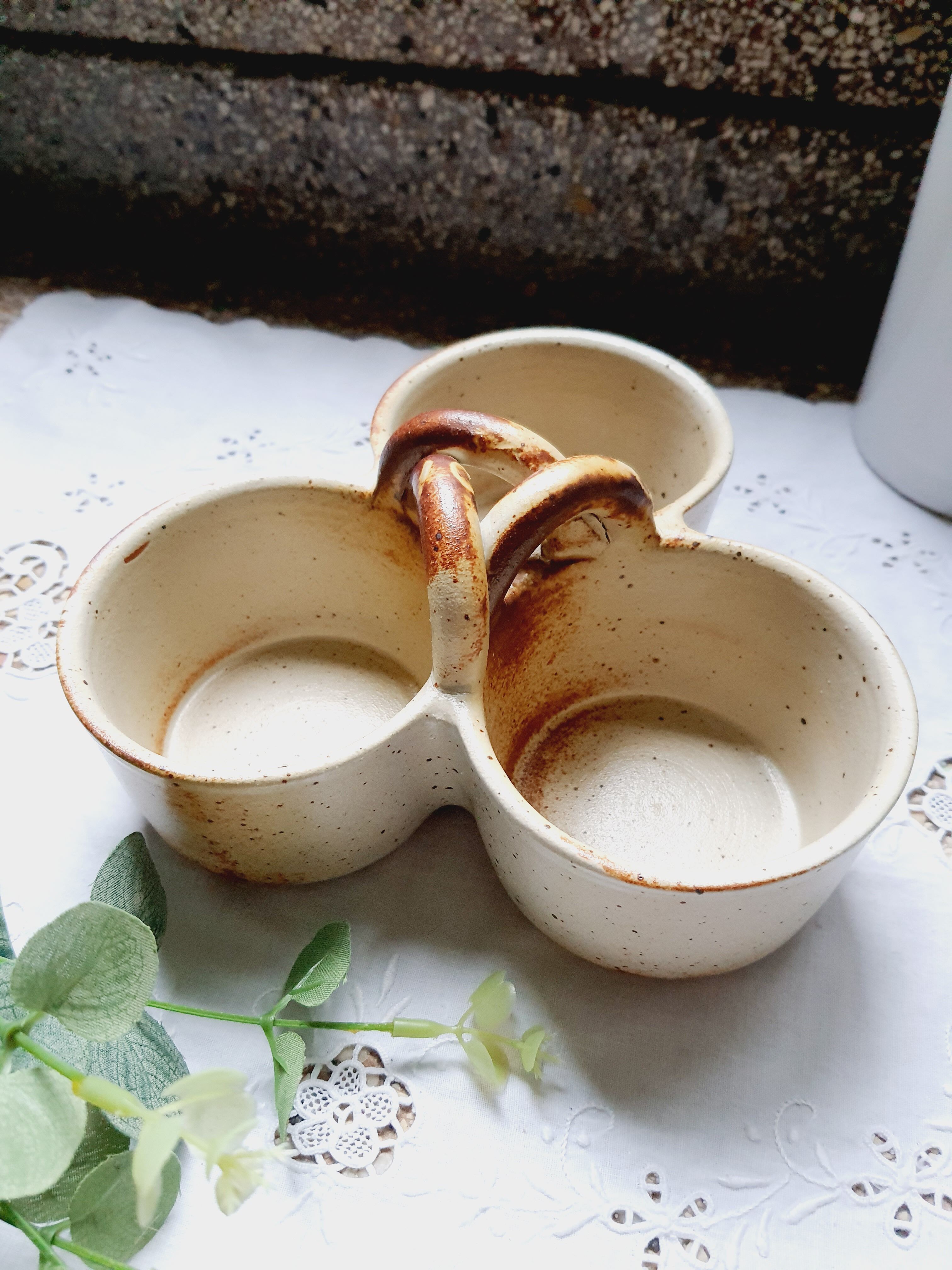 Triple appetizer dish in vintage sandstone