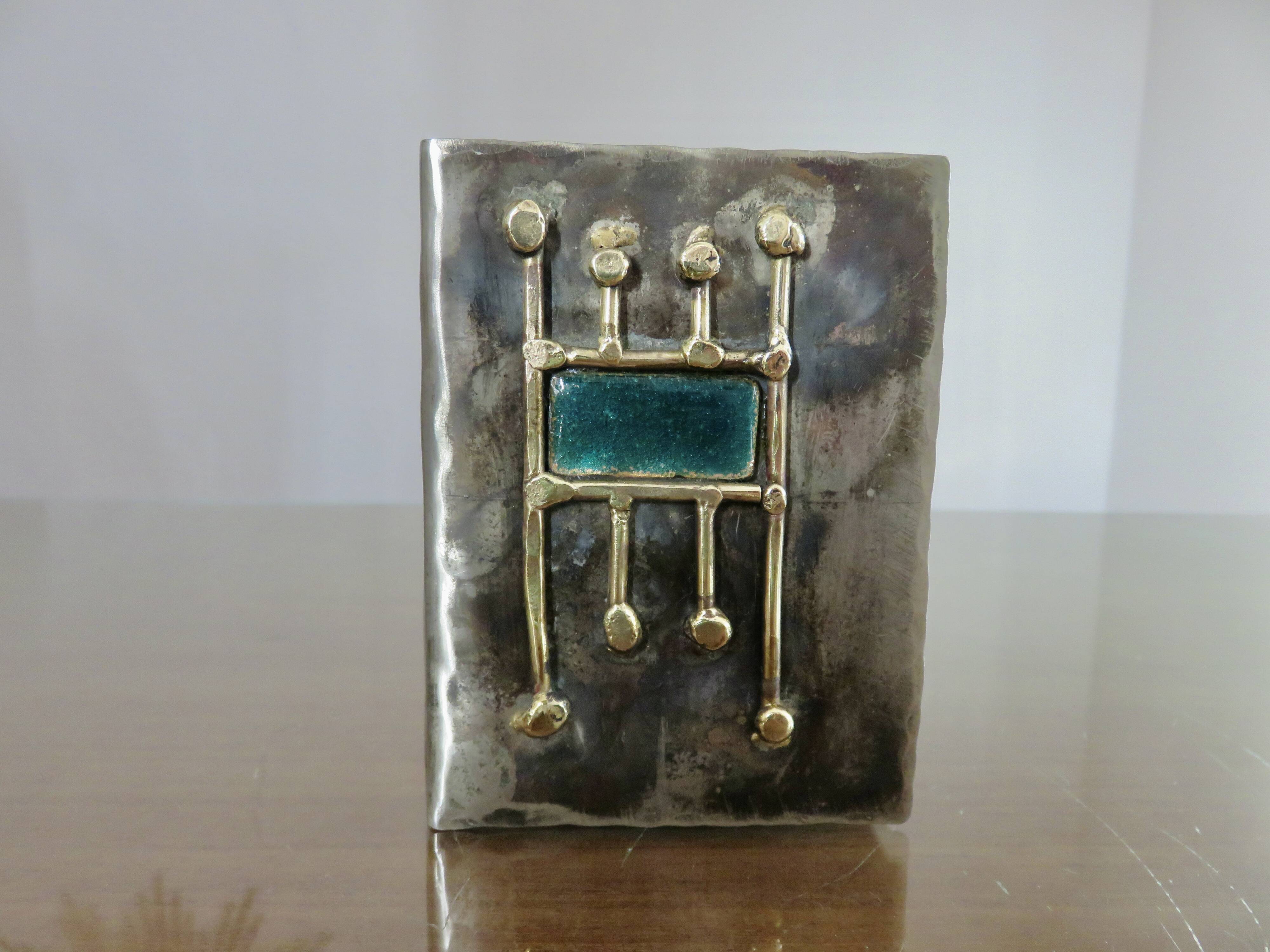 Case for matches in pewter, brass and email signed "latappy" 1970