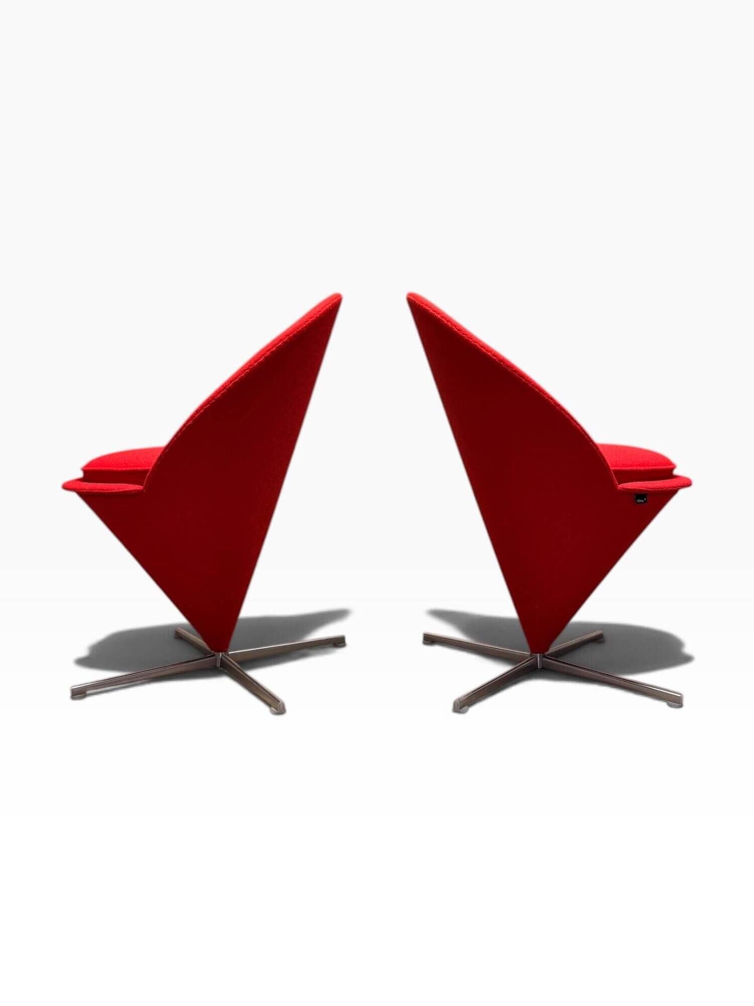 Pair of Cone Chair armchairs by Verner Panton for Vitra, red wool fabric.