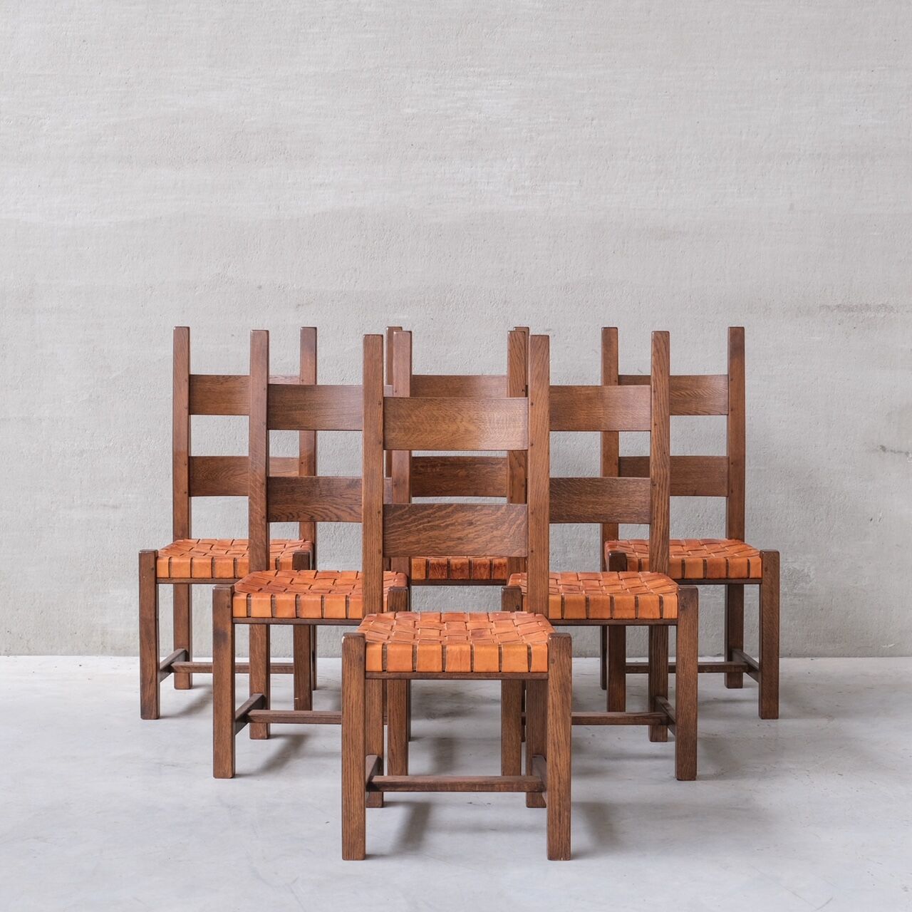 Set of Six Leather and Oak Mid-Century Dutch Dining Chairs