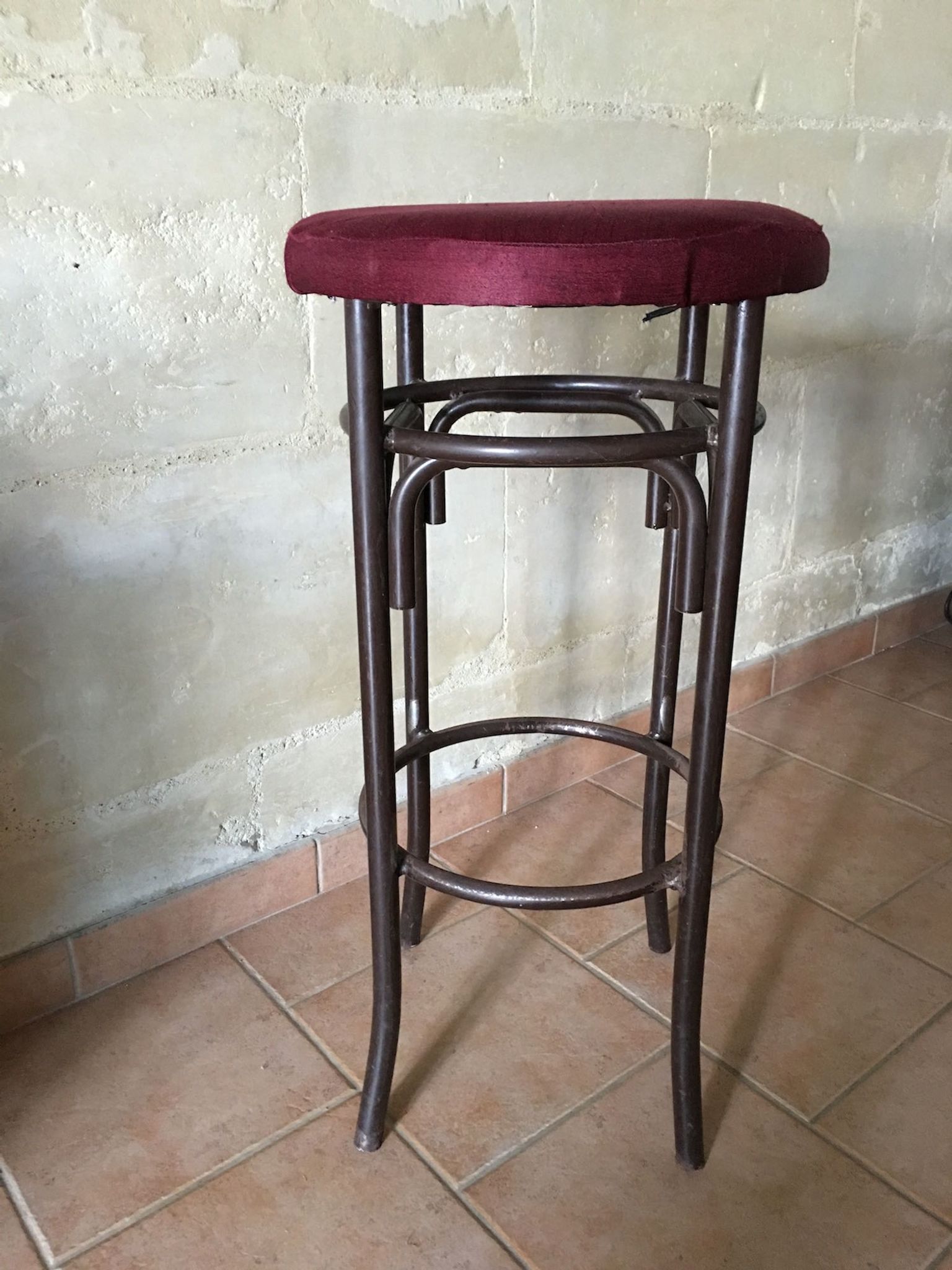 Lot of 3 bar stools, metal and velvet, vintage 60s