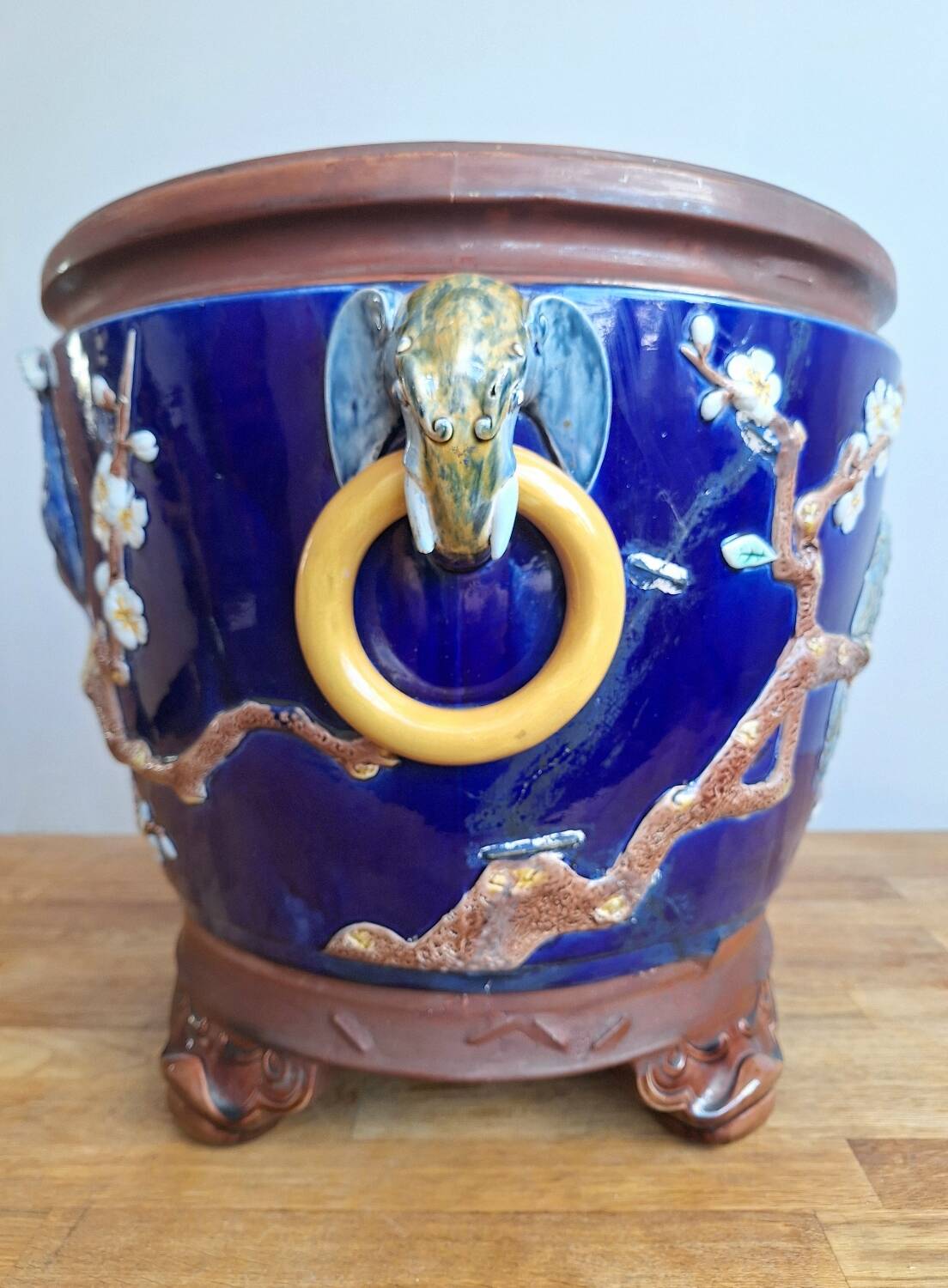Large antique majolica cache pot, planter by Joseph Holdcroft.