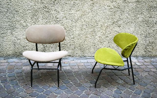 Set of two chairs in painted metal and fabric, Italy, 1950