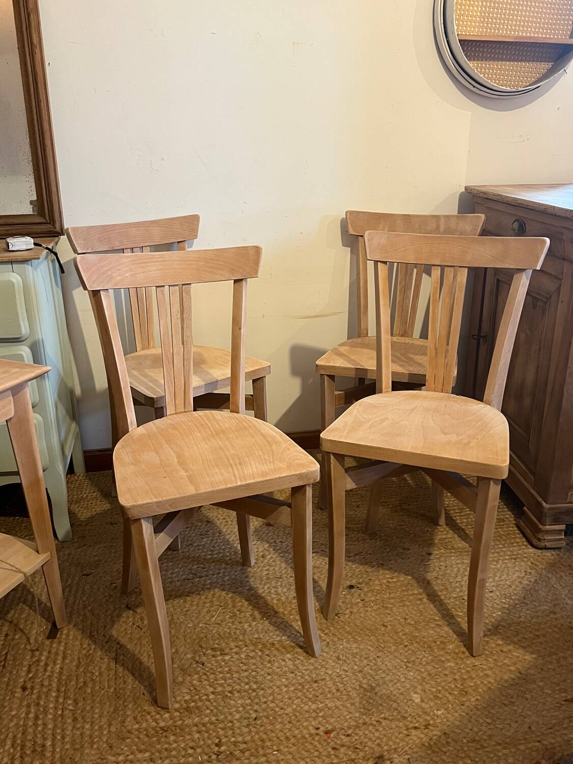 Set of 4 vintage bistro chairs in raw wood