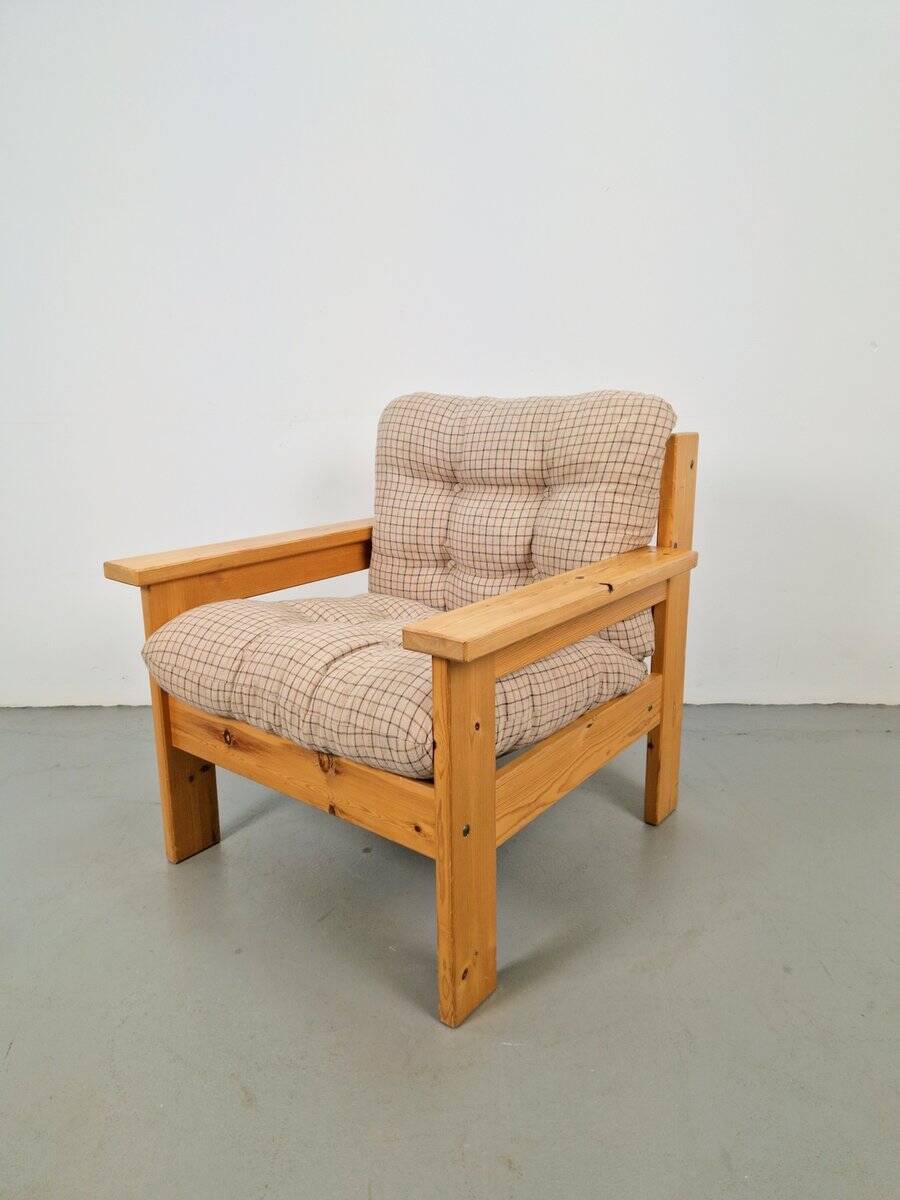 Vintage Brutalist Armchair in Pine and Fabric, 1970s