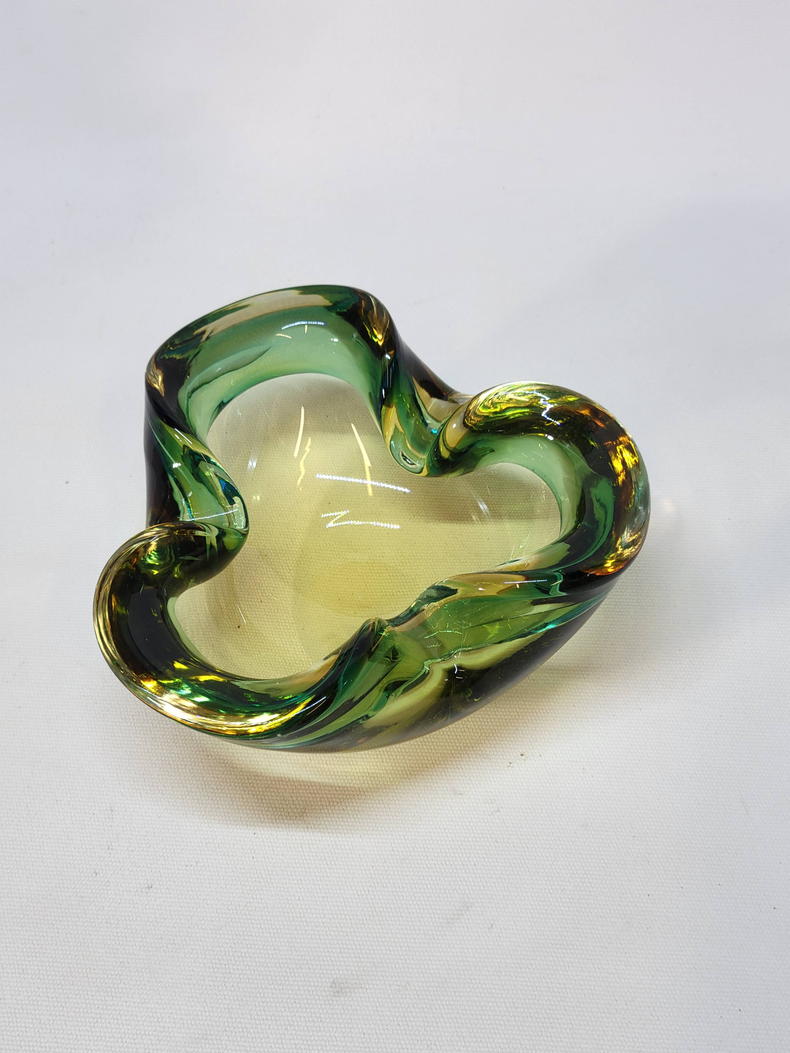 Empty Pocket Cup Ashtray Vintage Murano Glass Sommerso Green and Yellow