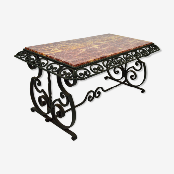 Coffee table in marble and wrought iron, circa 1940