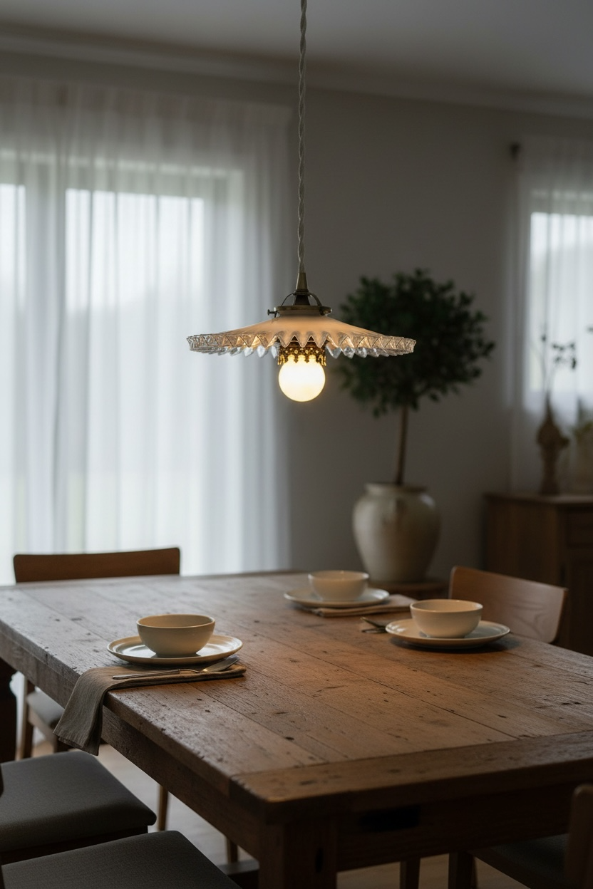 Opaline suspension in Art Deco style with a brass balcony featuring lace details.