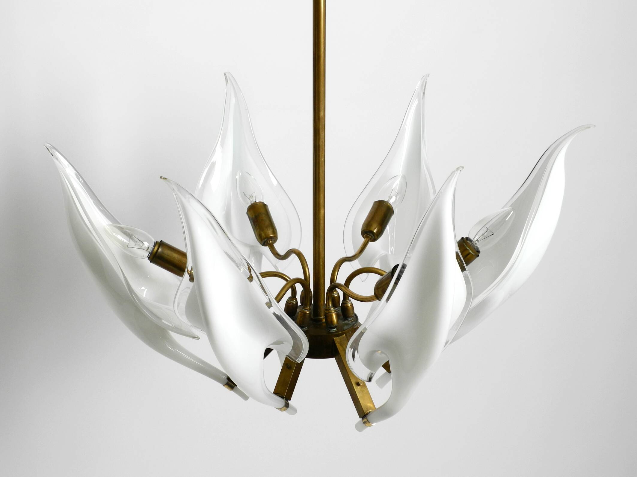 50s brass chandelier with white and transparent Murano glasses Franco Luce