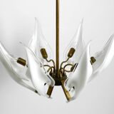 50s brass chandelier with white and transparent Murano glasses Franco Luce