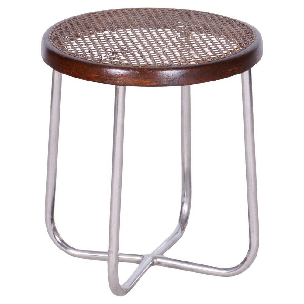 Bauhaus Stool in Chrome & Rattan attributed to Robert Slezák, Czech, 1930s