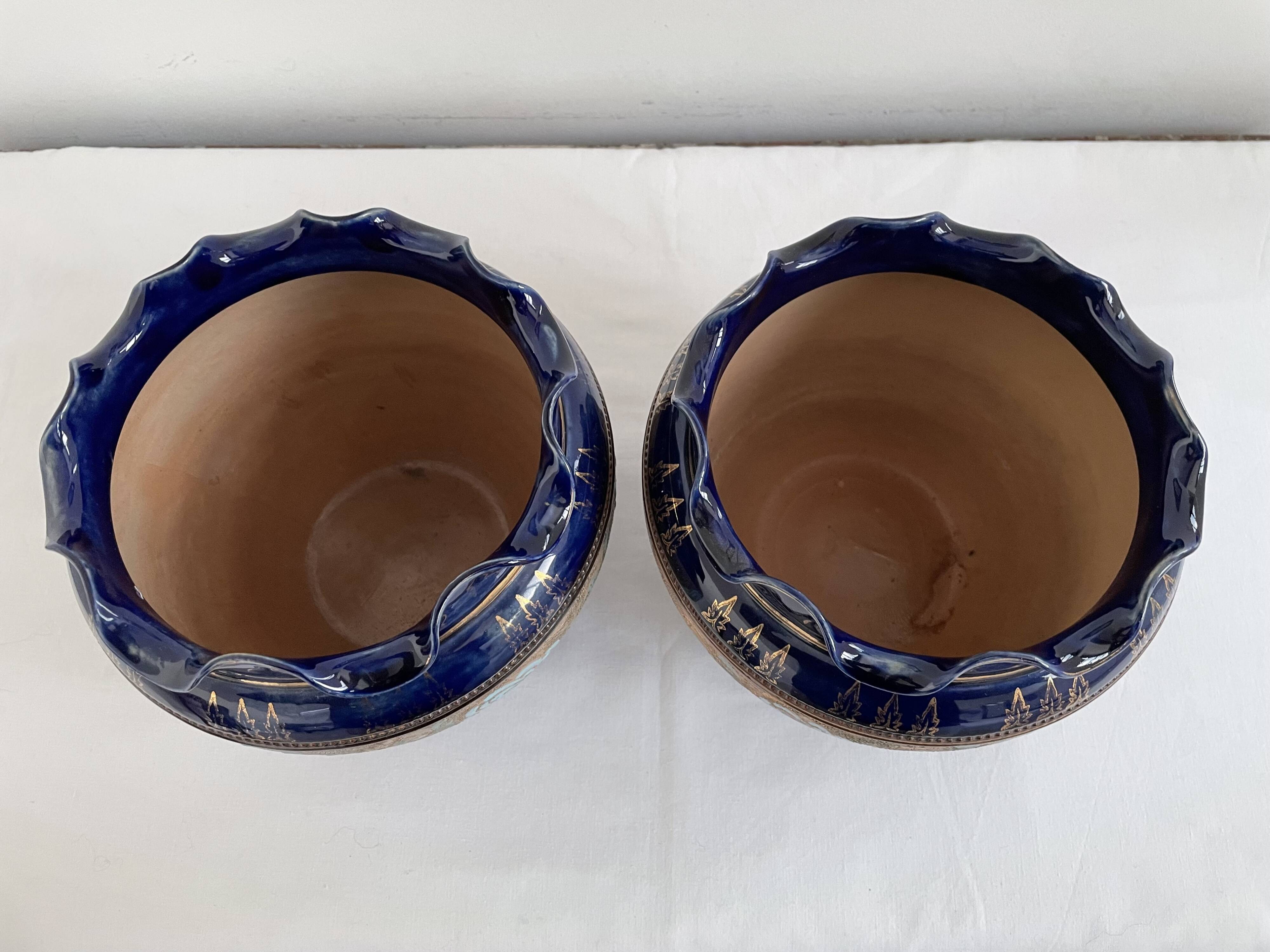 Pair, cache pots, royal doulton, english earthenware, 1920-1930, floral decoration, blue and gold, marks in