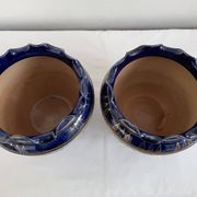 Pair, cache pots, royal doulton, english earthenware, 1920-1930, floral decoration, blue and gold, marks in