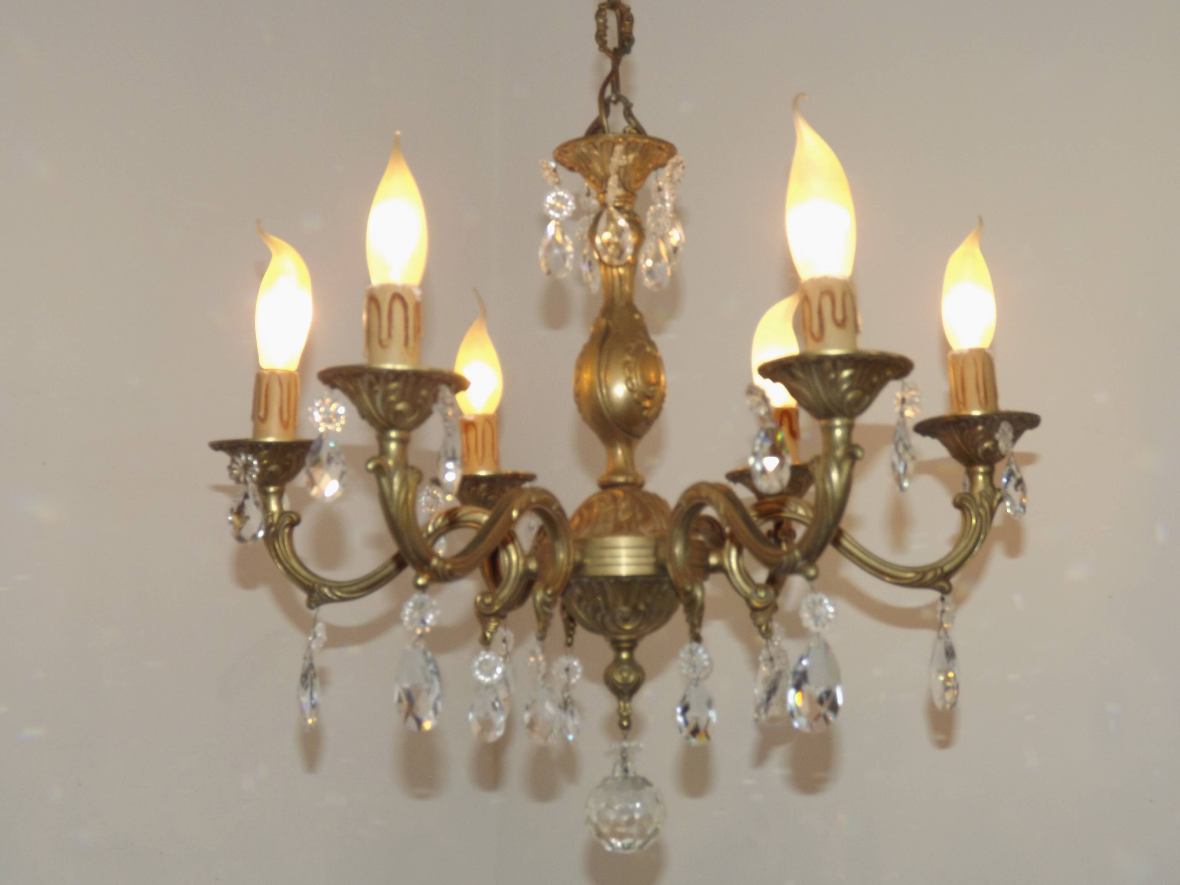 French Mid-Century Bronze 6-Light Chandelier with Crystal Droplets 5491