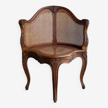 Corner armchair with rattan canework in carved beech wood, Louis XV mag style