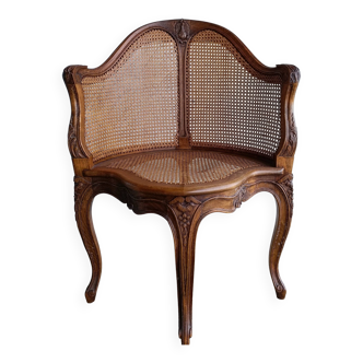 Corner armchair with rattan canework in carved beech wood, Louis XV mag style
