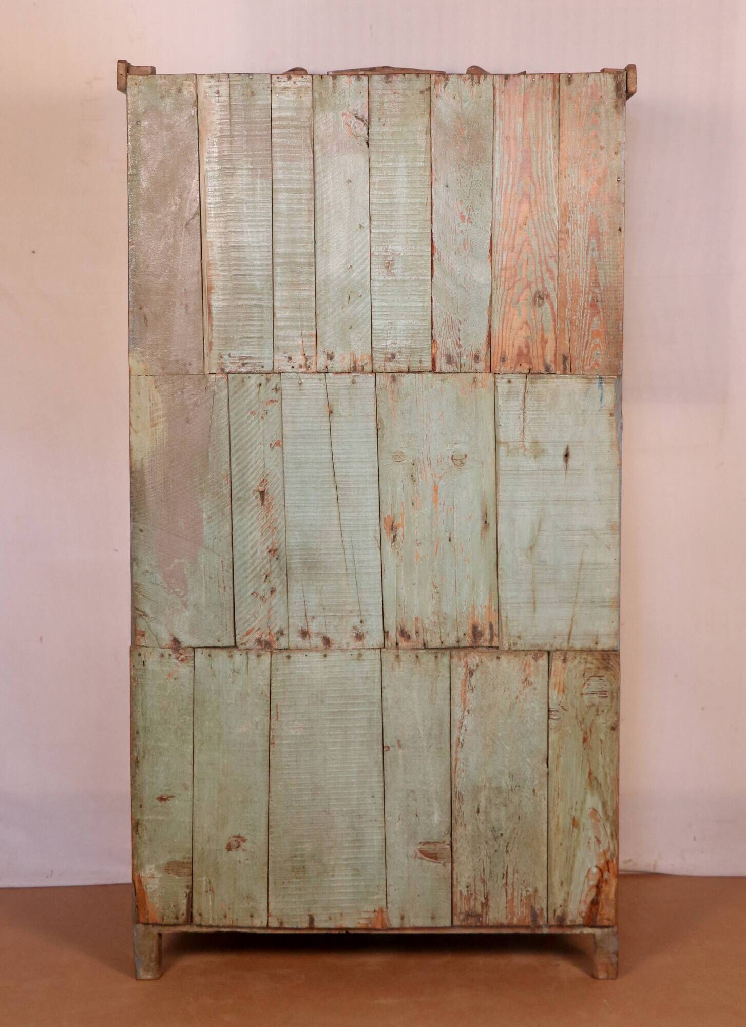 Old art deco display case in original Burmese teak with gray-blue patina