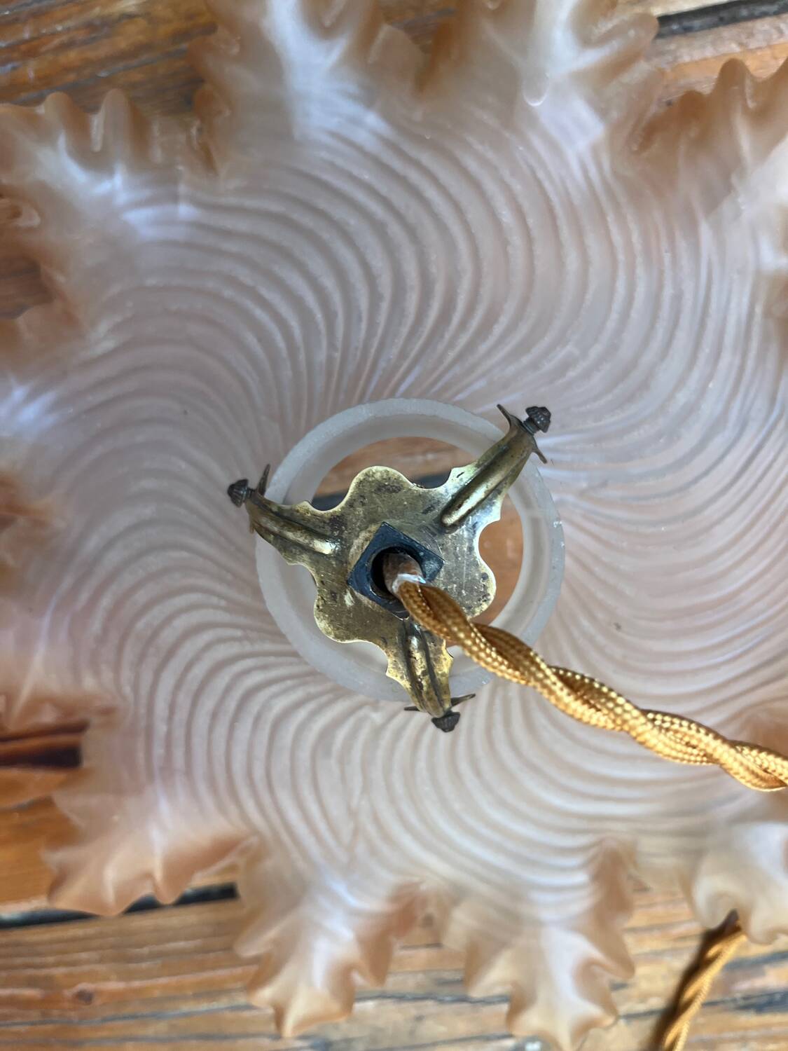 Opaline glass pendant light in ochre frilly glass, rises and falls