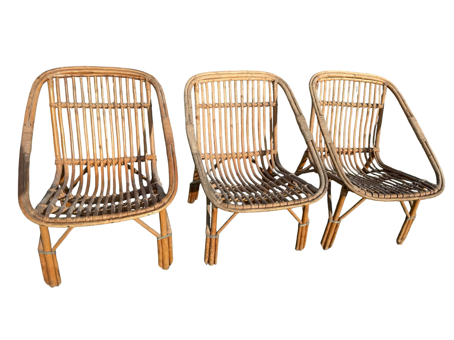 Set of 3 rattan armchairs from the 1960s, France.