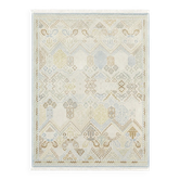 Decorative Oushak Wool Area Rug with Geometric Design. Hand-knotted Beige Carpet