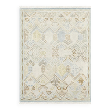 Decorative Oushak Wool Area Rug with Geometric Design. Hand-knotted Beige Carpet