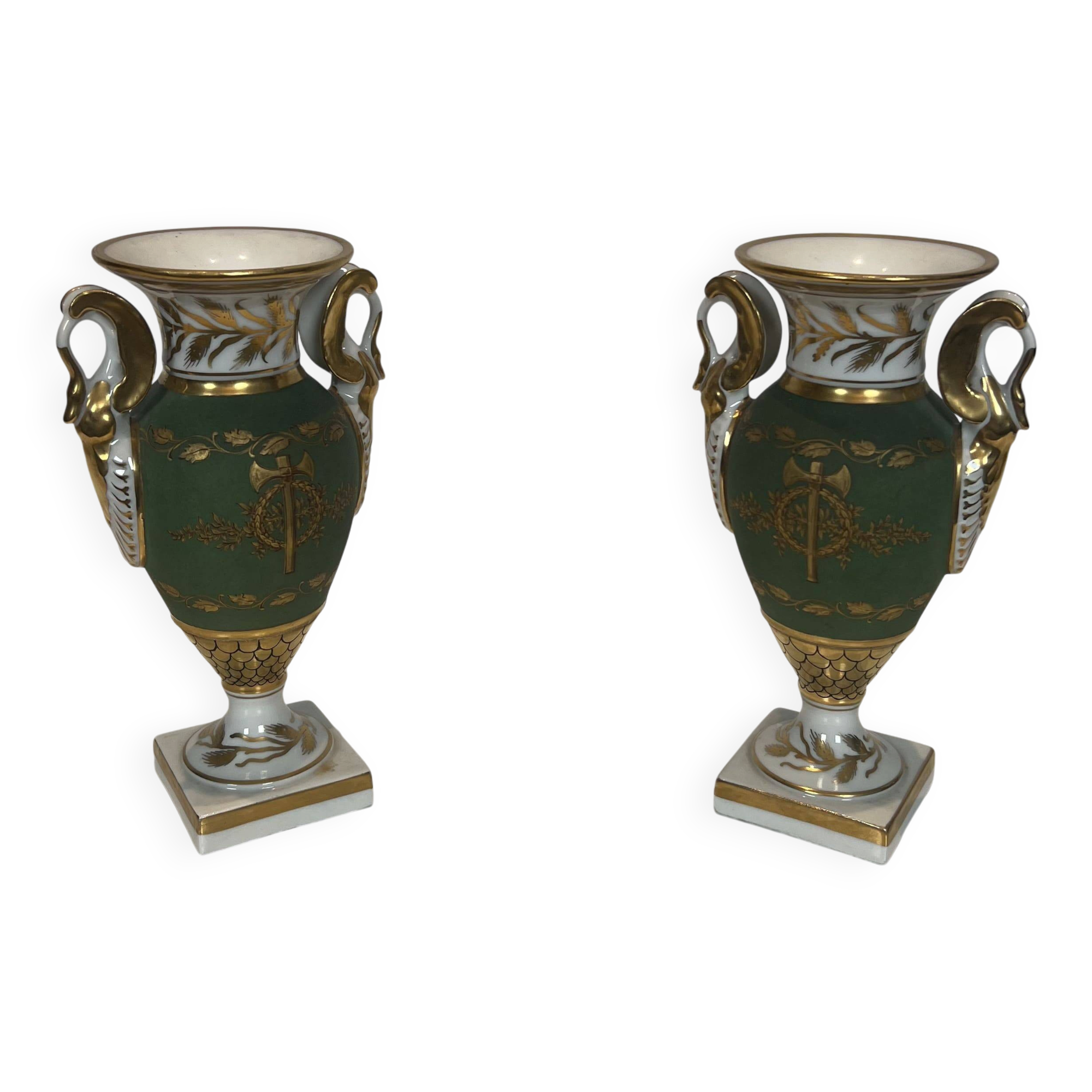 Pair of Empire Style Porcelain Vases, Decorated with Swans and Bundles