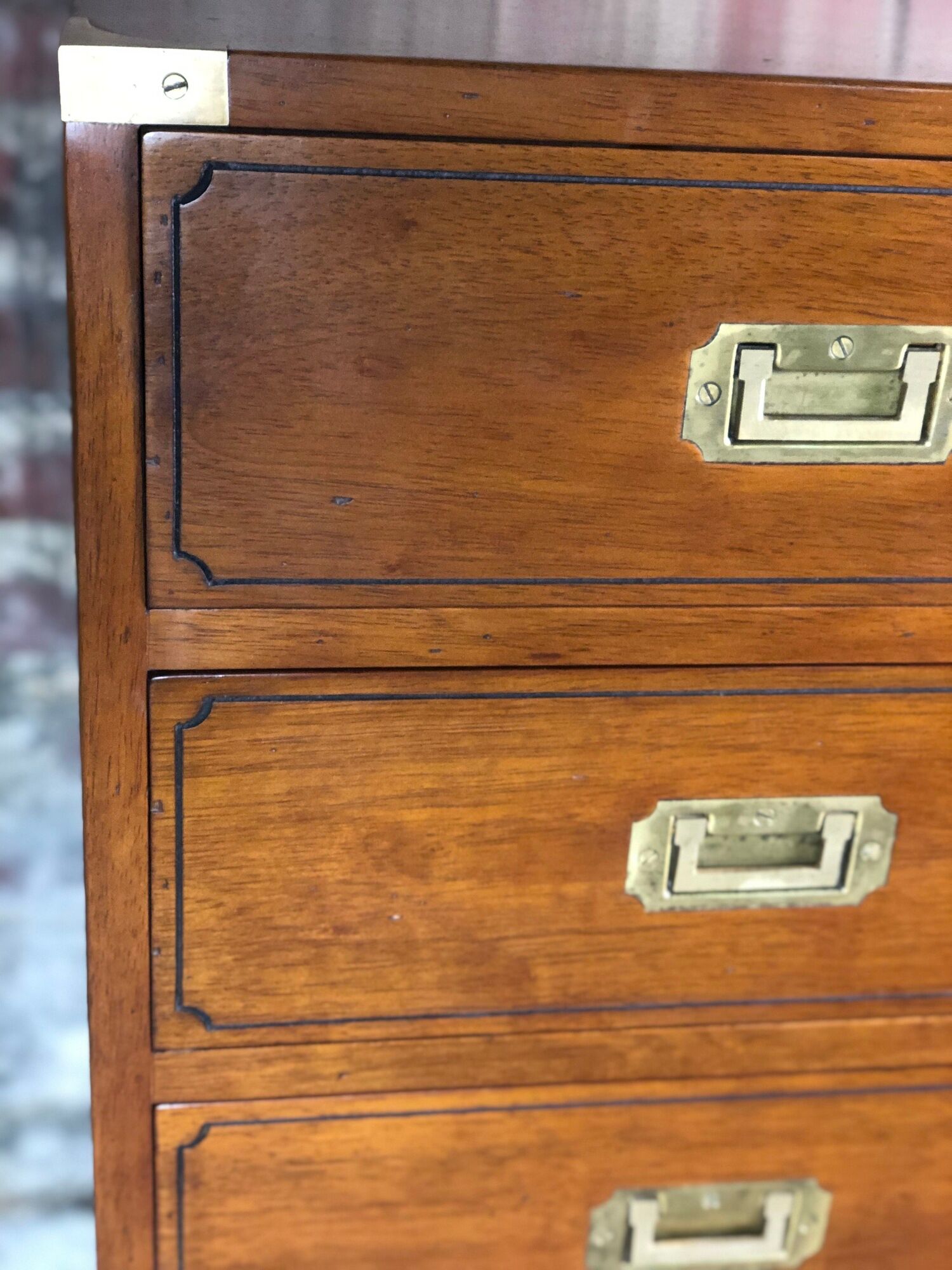 Chiffonnier / storage cabinet 5 drawers in rubber tree tint walnut and brass
