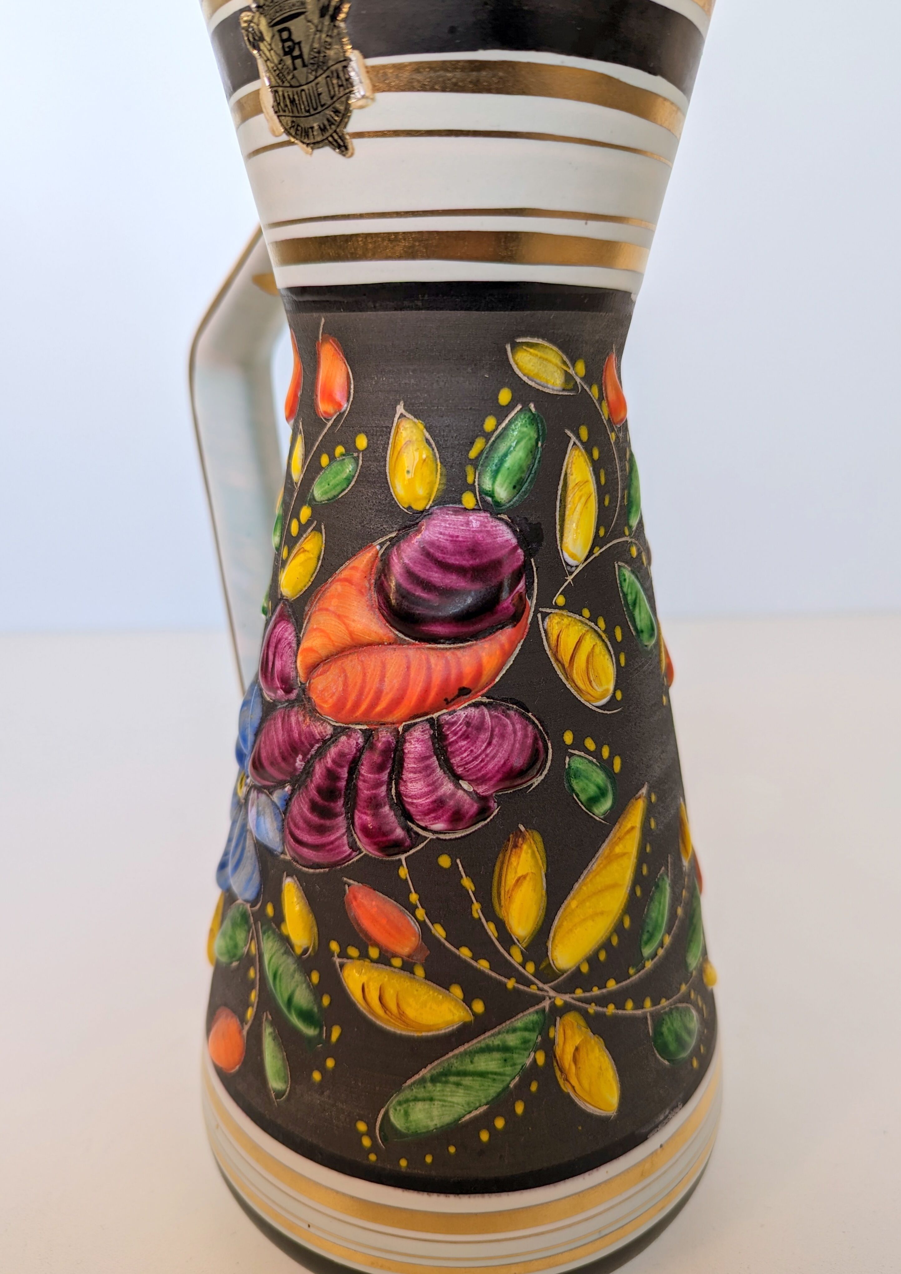 Vintage Henri Bequet Quaregnon hand painted ceramic vase (Belgium pottery 1960)