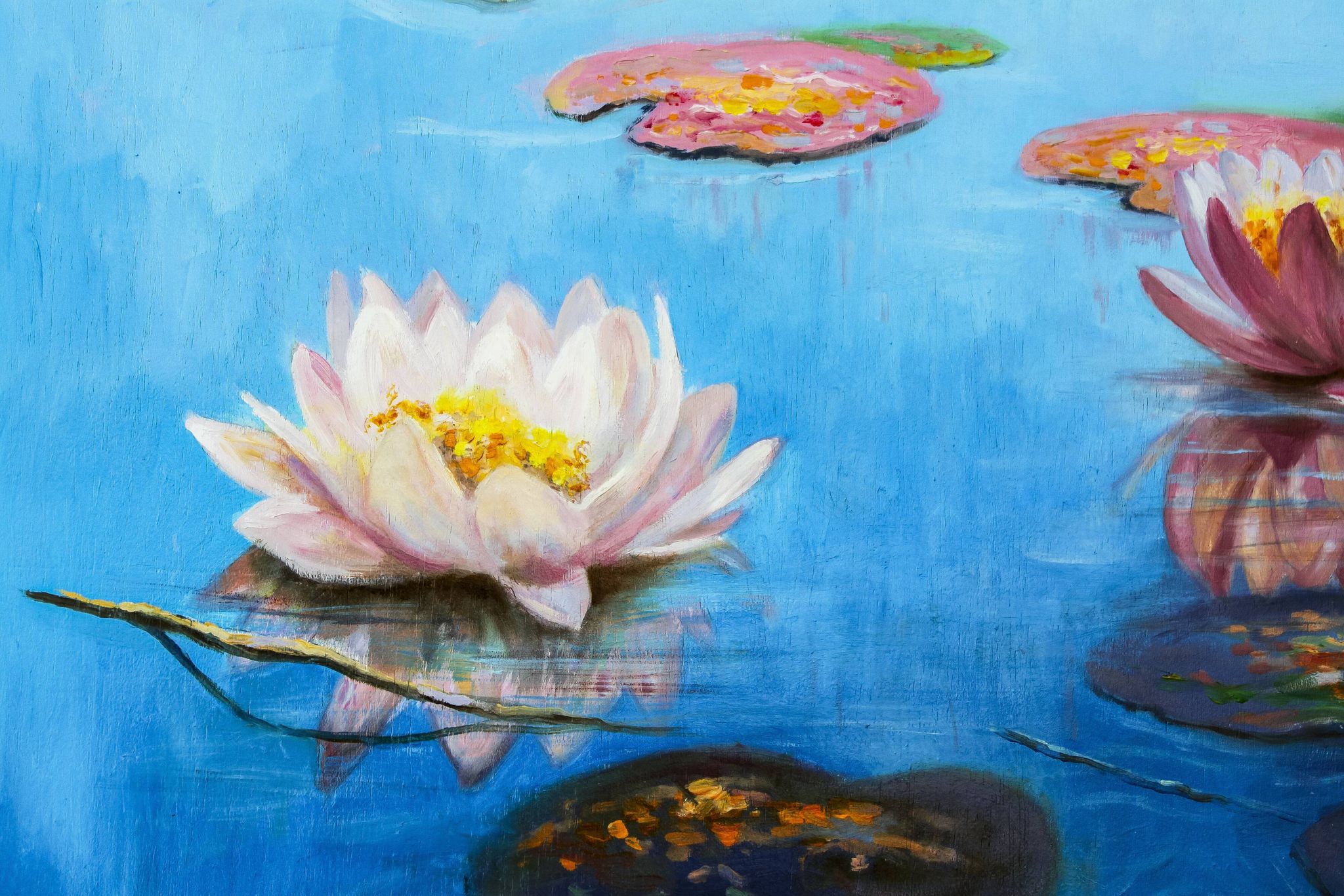 Original oil painting of water lilies, with a high-quality Baroque frame.