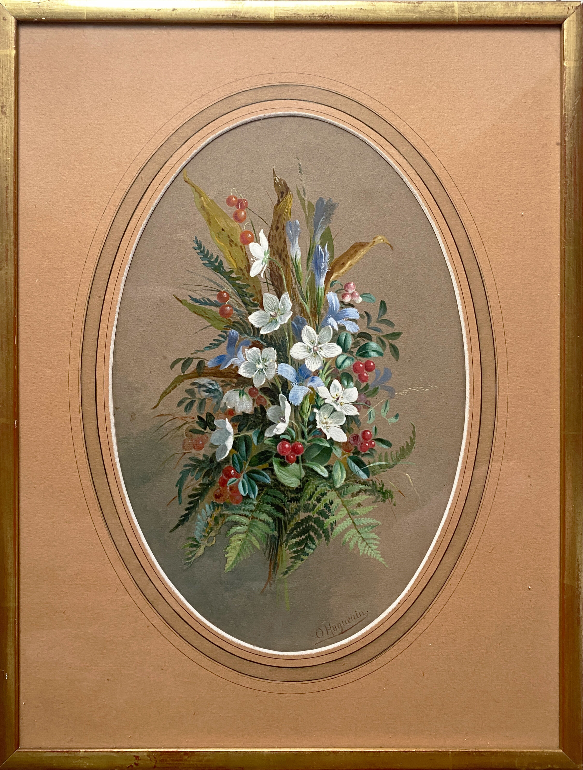 Gouache painting "Fleurs des champs" signed by Oscar HUGUENIN (1842-1903)