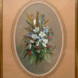 Gouache painting "Fleurs des champs" signed by Oscar HUGUENIN (1842-1903)