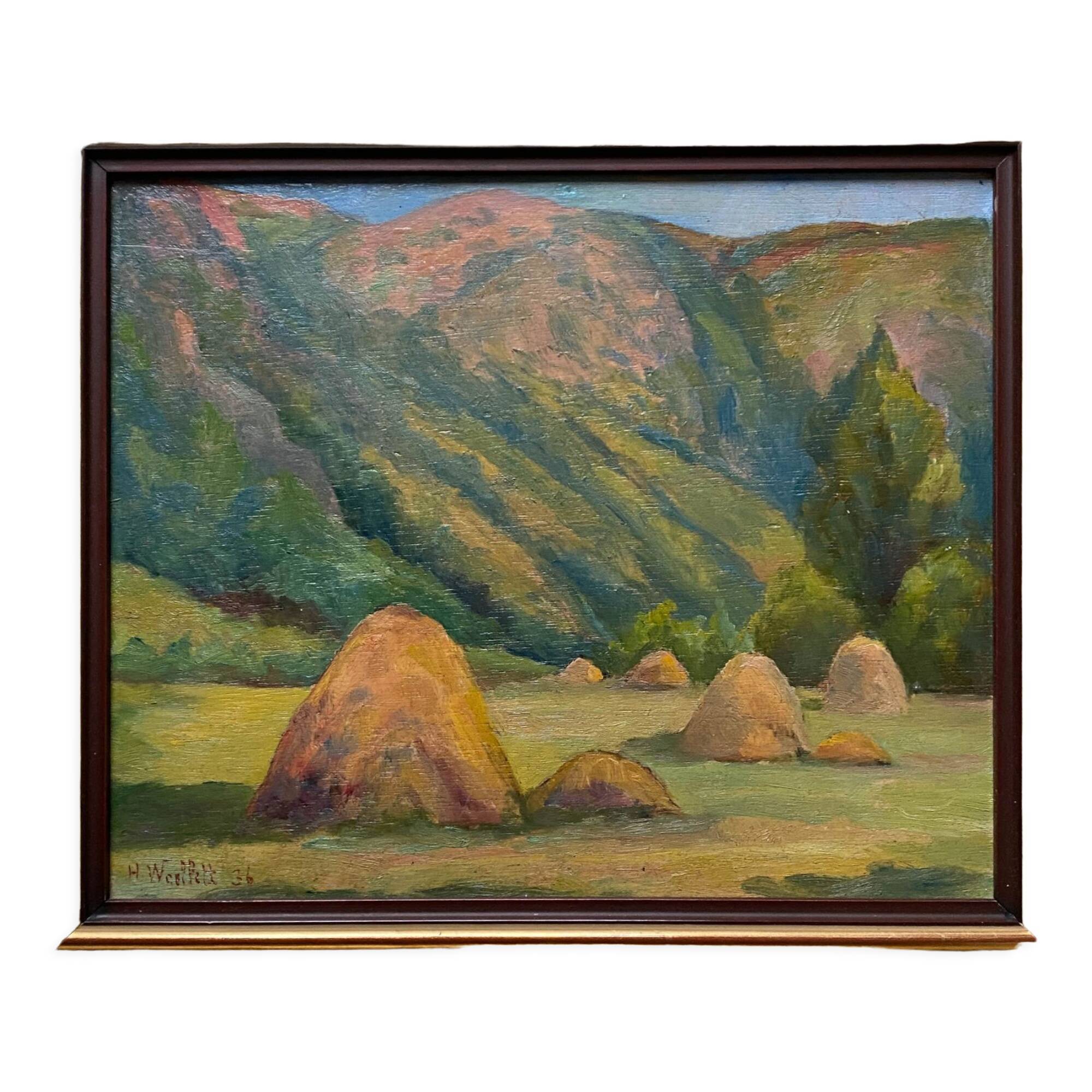 Oil painting on wood panel dated 1936