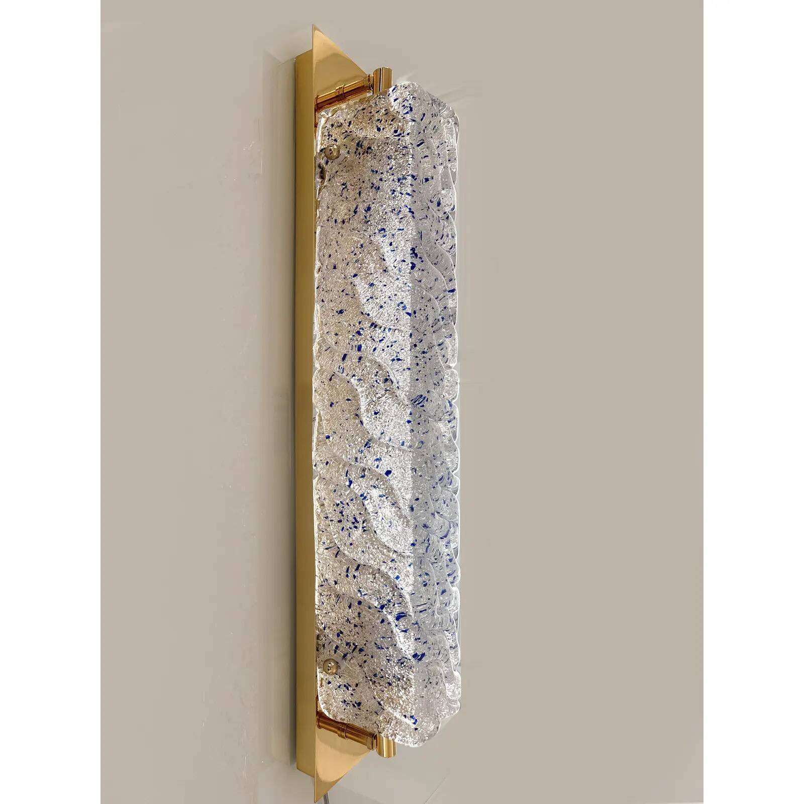 Pair of Gold Wall Sconces with Blue Graniglia Murano Glass