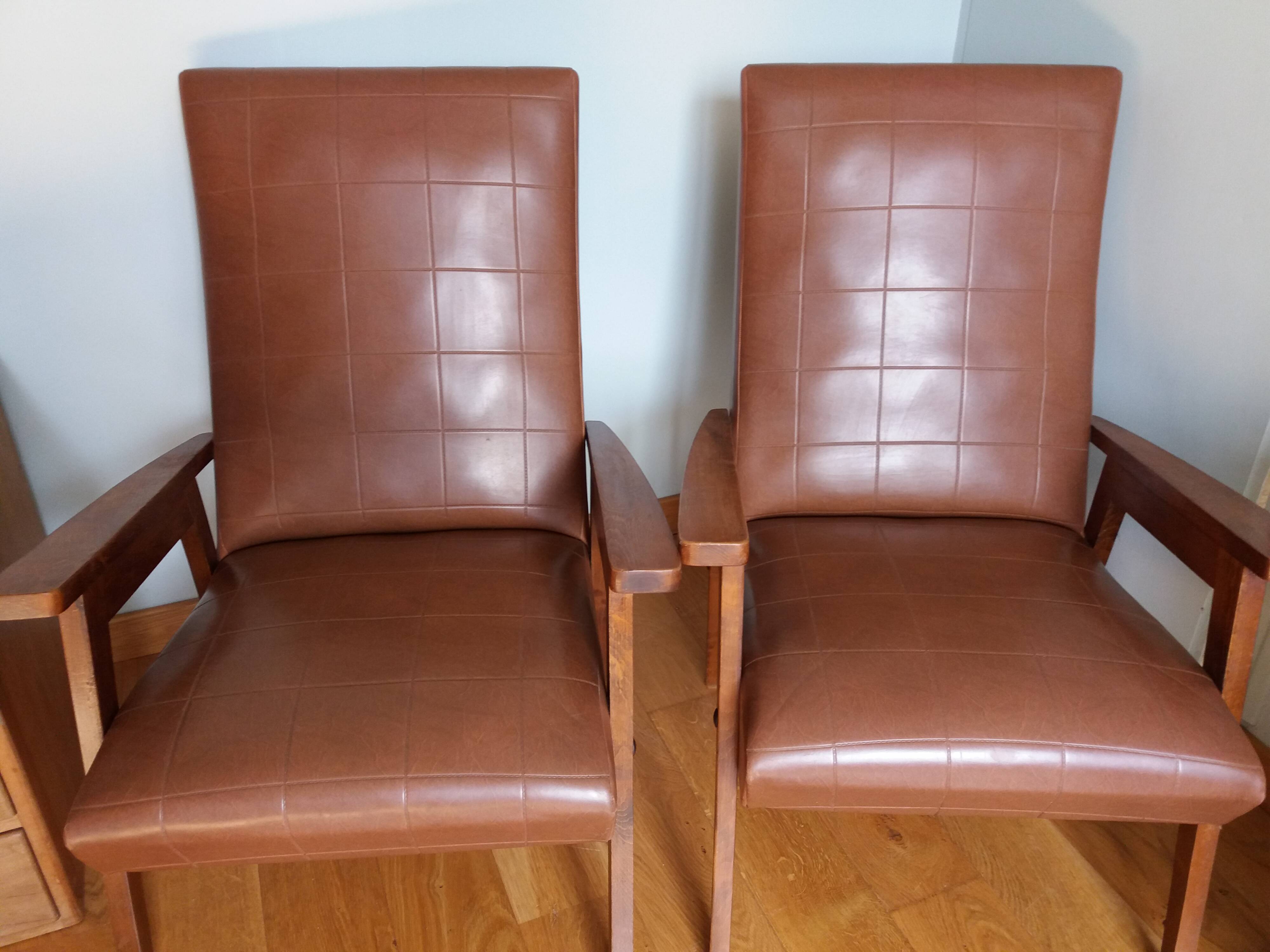 Scandinavian vintage brown skai and wood armchairs