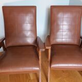 Scandinavian vintage brown skai and wood armchairs