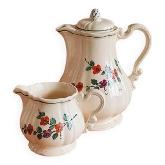Théière et pot à lait anciens en céramique fleuris Sarreguemine