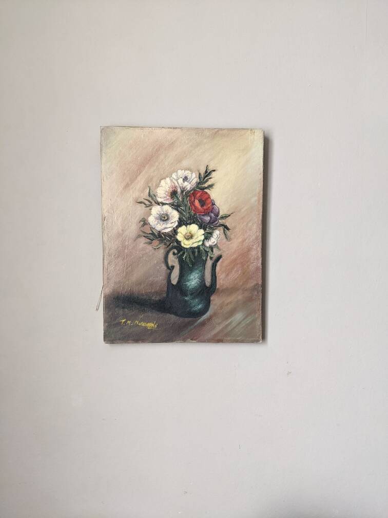 Old oil painting on canvas, old still life, bouquet of flowers