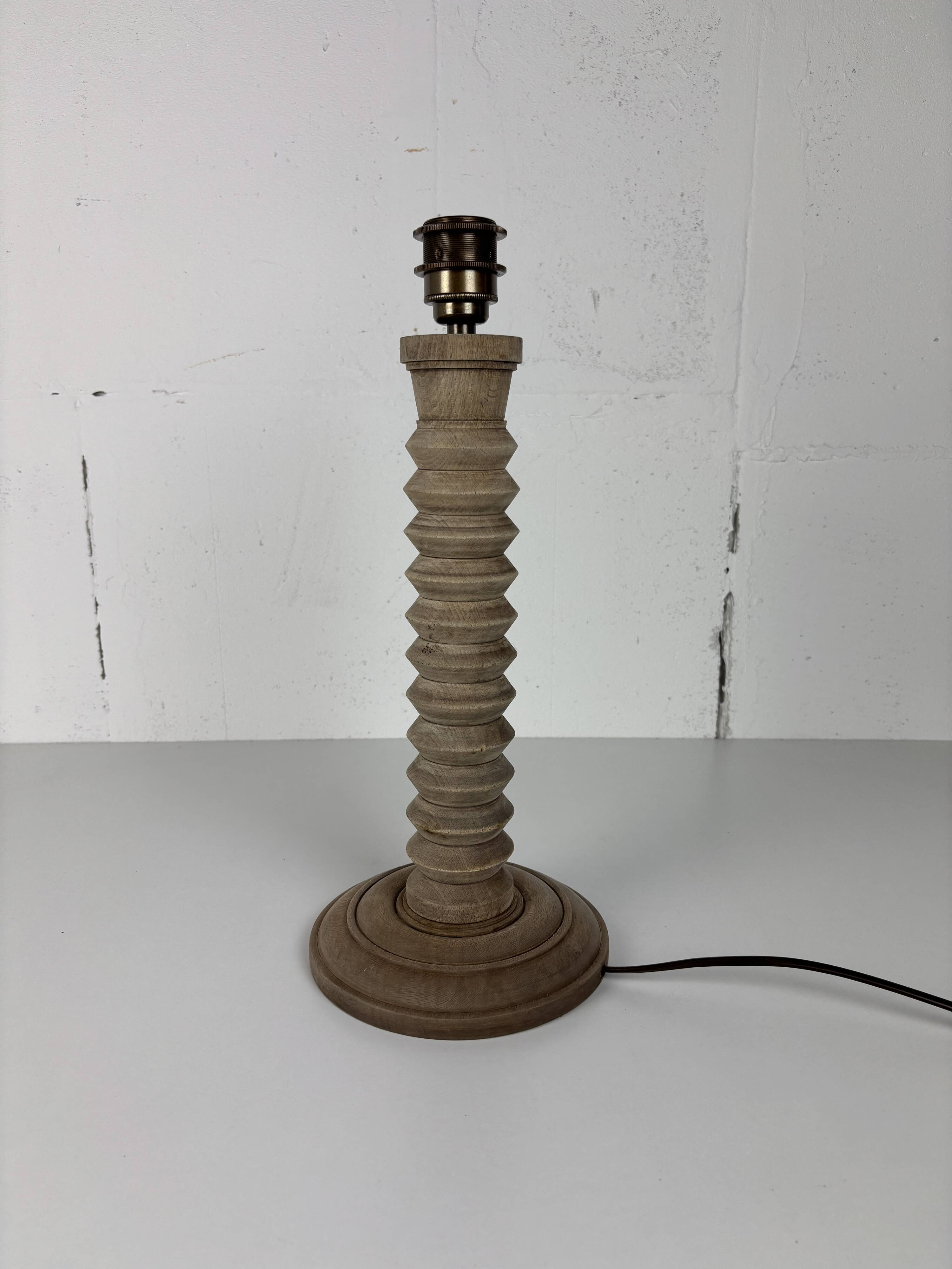 Wabi sabi brutalist wood turned table lamp in the style of Charles Dudouyt