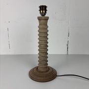 Wabi sabi brutalist wood turned table lamp in the style of Charles Dudouyt