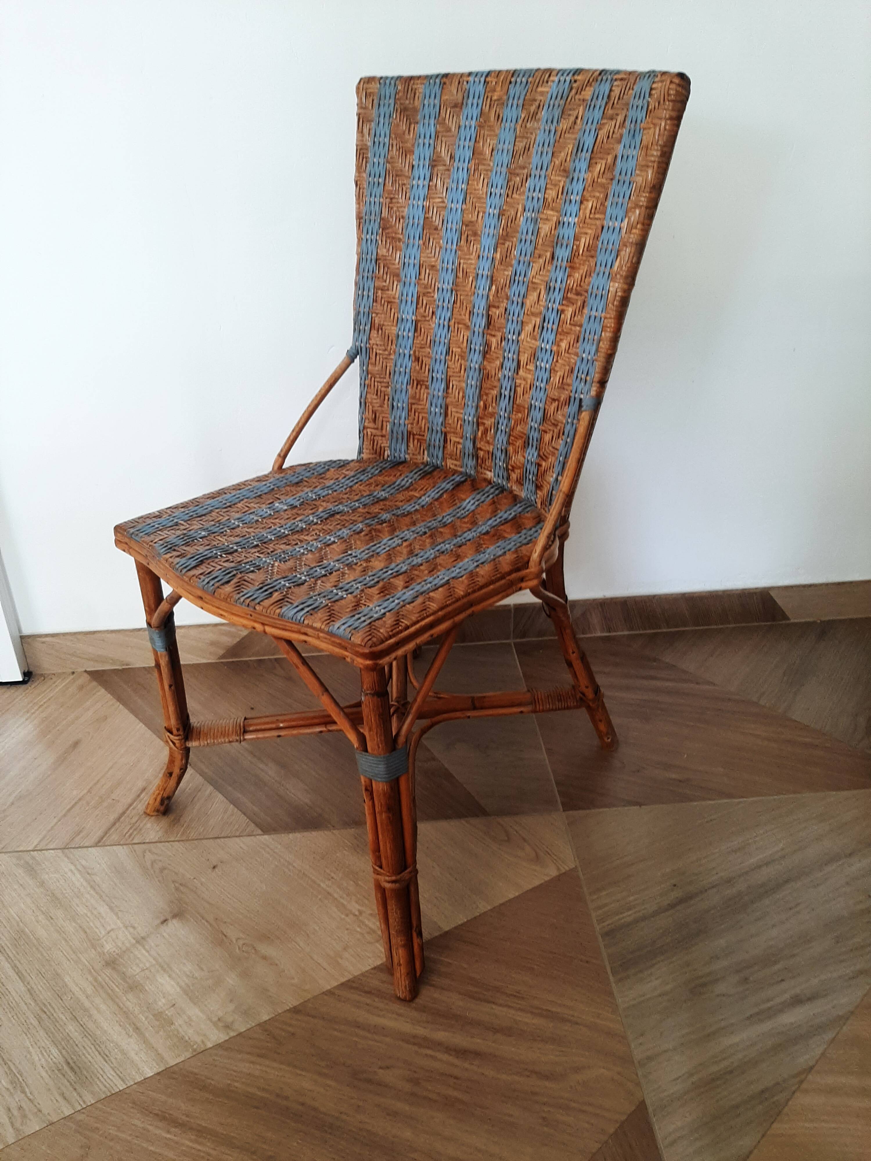 Vintage set of 2 garden woven rattan chairs - sky blue nets - 40